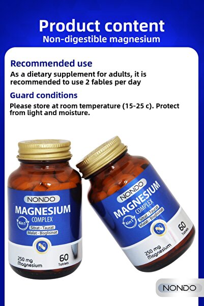 Nondo Magnesium Complex 60 Tablets 250 Mg 4 Forms, Citrate, Taurate, Malate, Bisglycinate, Vitamin B6,