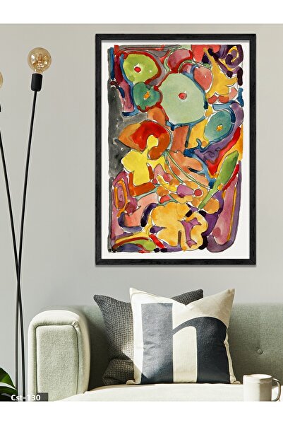 CeSht Pictură abstractă colorată într-o singură bucată, înrămată cu lemn negru