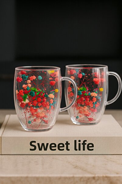 MİS KİTCHEN Heat Resistant Transparent Glass Mug Set of 2 – Borosilicate Coffee and Tea Cup with Floral Pattern