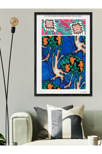 CeSht Blue Background Flower Pattern One Piece Black Wooden Framed Painting