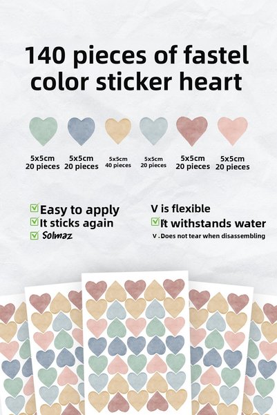 alışveriş kurdu Boho Watercolor Hearts Kids Baby Room Wall Sticker Set - 140 Piece Heart Sticker Set