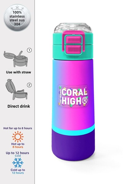 Coral High Kids Colorful Striped Straw and Direct Drinking Steel Thermos 500 ...
