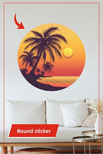 KOSS Dijital Autocolant rotund cu apus de soare tropical, peisaj de coastă cu...
