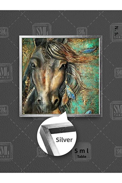 SML TABLO Кафяв кон с развята грива, кон със златни детайли, сини птичи пера, квадратна картина в рамка