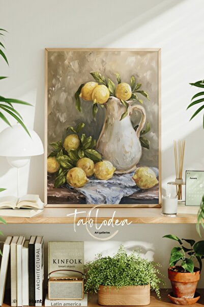 tablodea Pictură în ulei cu aspect vintage, cu ulcior și lămâie, tablou cu po...