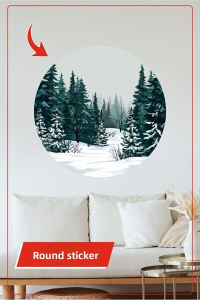 KOSS Dijital Autocolant rotund cu peisaj de iarnă, copaci de pin înzăpezit, a...