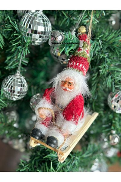 QUEEN AKSESUAR Christmas New Year Collectible Pine Tree Tree Ornament with Pendant Bell Sliding Little Santa Claus 20cm