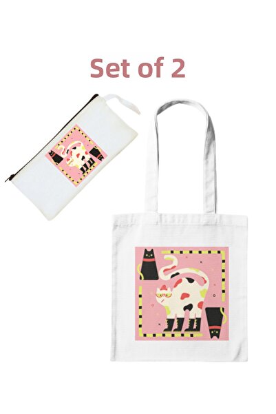 junobi حقيبة قماشية + حامل أقلام - مجموعة القطط بوب آرت - مجموعة أدوات مكتبية...