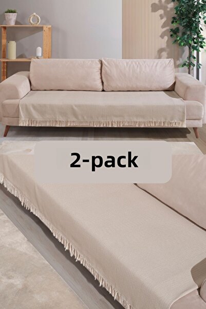 Miracolo Home غطاء أريكة قطن بيج مكون من قطعتين - 115x200، نمط مخطط مهدب
