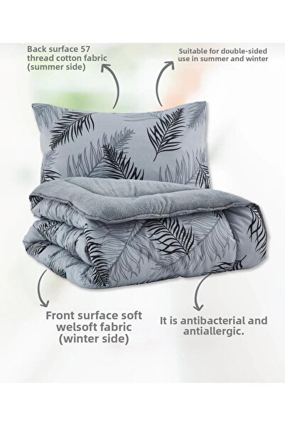 Arma Concept Double-Sided Feather Patterned Welsoft Pufidik Silicone Quilt 195X215 + 2 Pillowcases