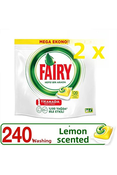 Fairy كبسولات غسالة الأطباق الكل في واحد برائحة الليمون 120 × 2 240 غسلة + وا...