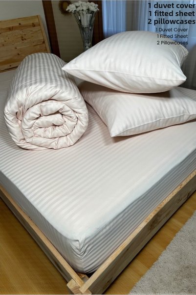 VESSİNOHOME Striped Cotton Satin Double Duvet Cover Set with Elastic Sheets Hotel White Color Micro Luxury