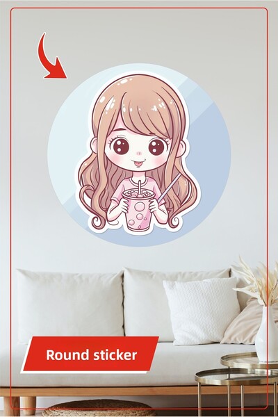 KOSS Dijital Autocolant rotund cu tema fată cu păr castaniu și băutură roz, d...