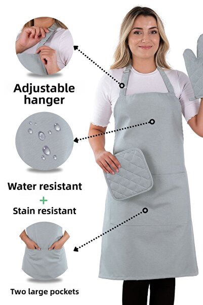 sevilya طقم مريلة مطبخ بسيط مكون من 3 قطع مع شماعة قابلة للتعديل (قفاز، مقبض)