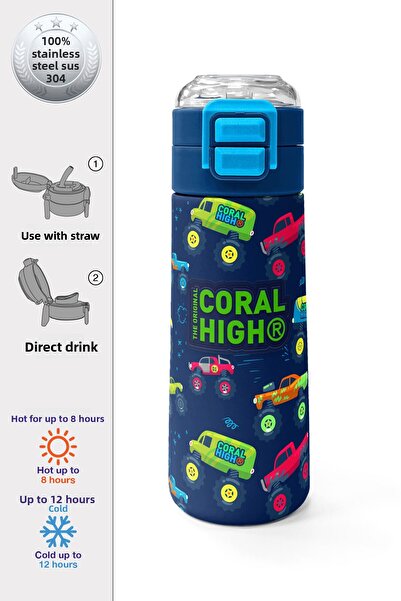 Coral High Kids Blue Navy Blue Truck Patterned Straw and Direct Drinking Steel Thermos 500 ml 31979