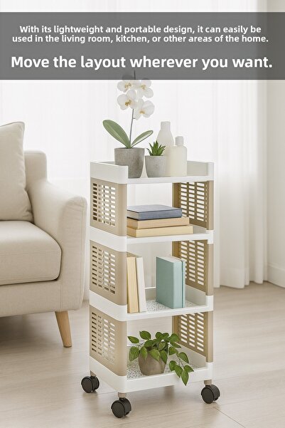 Meleni Home رف حمام بـ 4 طبقات مع عجلات - حامل مناشف ومنظف ومكياج ومنظم وحدة رفوف باللون البيج