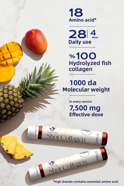 Mermaid Collagen Shot: Premium Liquid Fish Collagen, Contains Hyaluronic Acid, Biotin, Glutathione, Vitamins, Minerals. 4 Weeks