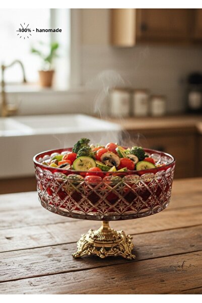 Akden Kristal Crystal Cutting Decor Estrella 25 cm Red Glass Bowl