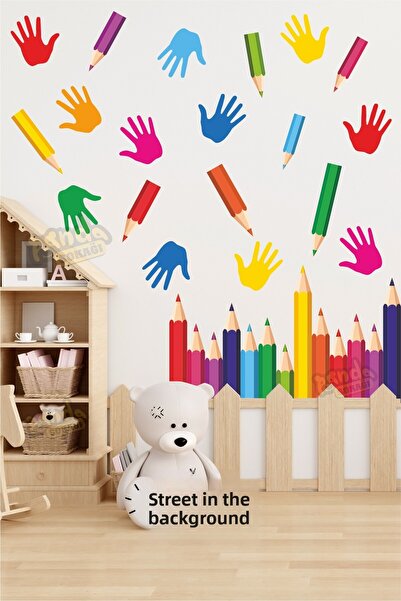 PANDA SOKAĞI ملصق حائط على شكل أيدي وأقلام ملونة، ملصق أيدي ملونة لرياض الأطفال