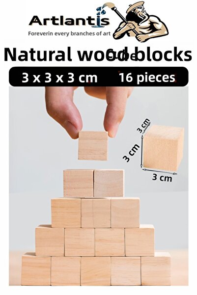 Artlantis Natural Wooden Cube Blocks 3X3X3Cm 16 Pieces Wooden Natural Square ...