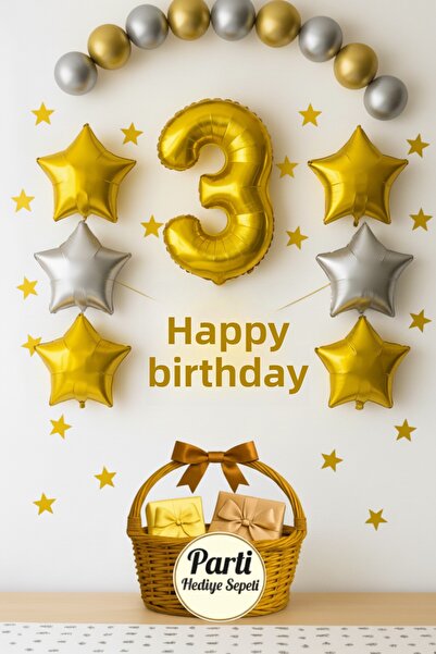 parti hediye sepeti مجموعة بالونات عيد ميلاد ذهبية فضية على شكل نجمة لعمر 3 س...