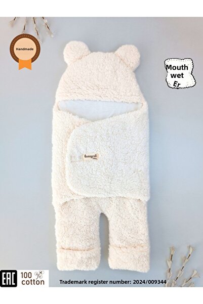 Tomuycuk 0-12 Months Fiber Plush Welsoft Eared Ecru Outer Baby Swaddle & Blanket Winter Sleeping Bag