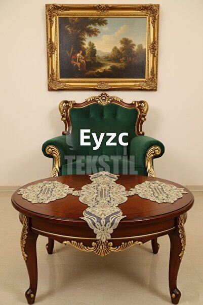 Çt Çeyizci Tekstil Living Room Set, Bedroom 3 Piece Coffee Table Cloth, Table Cloth 3 Piece Room Set - Gold Color