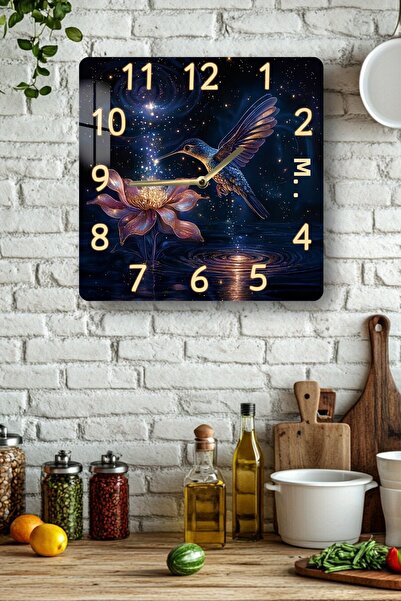 kutuTR Night and Hummingbird Themed Tempered Glass Square Clock 33X33 cm Size Uv Printing - Kcs012