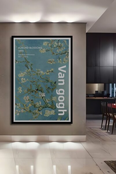 Teona Ahşap Tablou decorativ din lemn dreptunghiular Van Gogh cu flori de migdale cu aspect de cadru