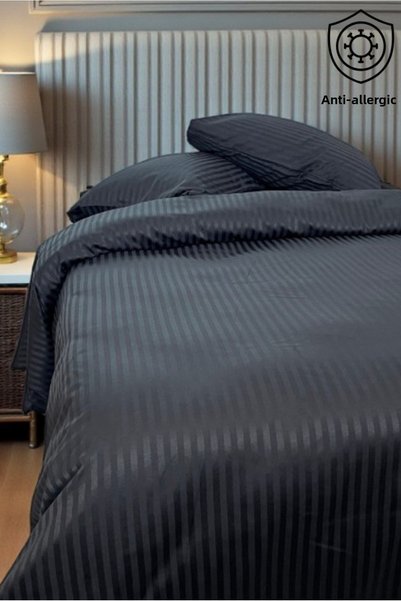 VESSİNOHOME Striped Cotton Satin Double Duvet Cover Set with Elastic Sheets Hotel White Color Micro Luxury