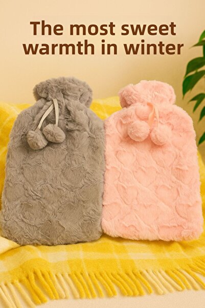 MİMOZA PARK Removable Hot Water Bag with Plush Cover and Pompom 2 Liters