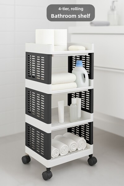 Meleni Home 4 Tier Rolling Bathroom Shelf - Towel Rack Detergent Holder Makeup Organizer Rack Unit Black