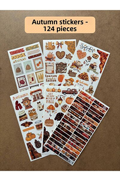 hdsticker 124 Pieces Autumn Themed Aesthetic Sticker Set – Coffee, Leaf, Pumpkin Bullet Journal Washi Stickers