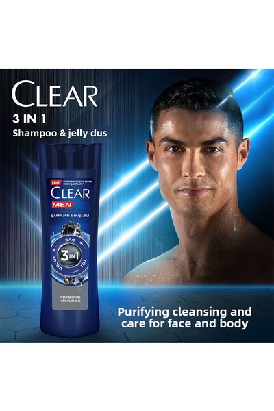 Clear 350 ml X3 - 3 In 1 Shampoo and Shower Gel Purifying Charcoal Hair Face Body Product for Men