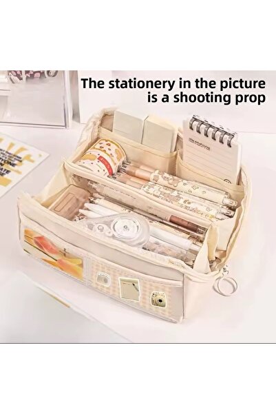 synshop Kawaii Cream Color Korean Multi-Compartment Large Capacity Pen Holder Pencil Case Organizer Makeup Bag