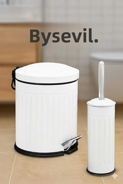 BySevil Vintage Λευκό Σετ Κάδος Απορριμμάτων 2 τεμαχίων Σετ Μπάνιου Ριγέ Μοντέλο 5 Λίτρων και Σετ Βούρτσας Τουαλέτας