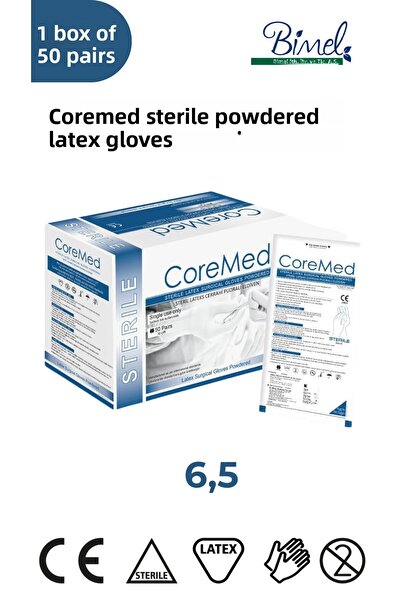 COREMED Sterile Surgical Latex Powdered Gloves Size 6.5 50 Pairs