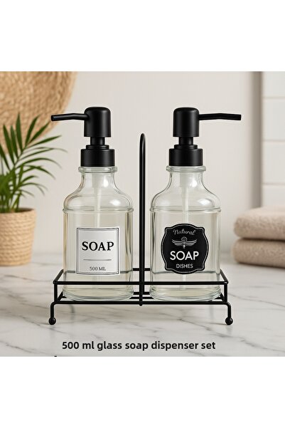 Amentes Double Square Glass Liquid Soap Dispenser with White Pump and Stand 500ml