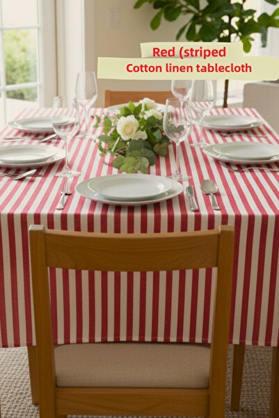 KAMİZ Red Striped Cotton Linen Tablecloth Stylish Modern Tableware Dowry