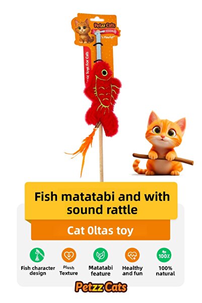 Petzzcats لعبة صيد السمك للقطط مع صوت صفير السمك، لون أحمر، 42 سم