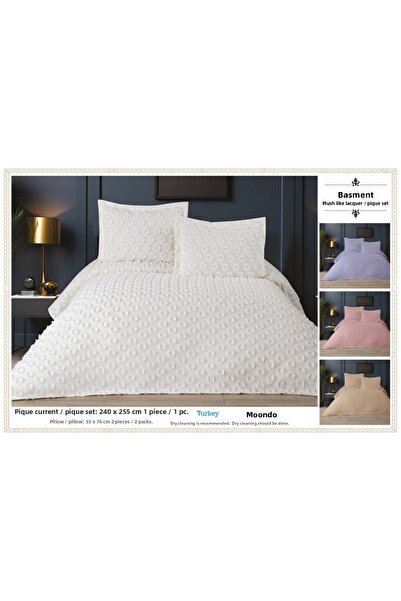 ARSEM EV TEKSTİL Bodrum Ponpon Cream Double Bedspread Pike Chenille 3 Pieces