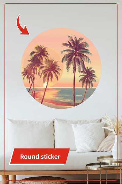 KOSS Dijital Autocolant rotund cu apus de soare pe malul mării palmierilor, p...