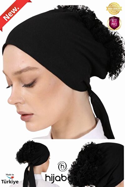 hijabchi Ruffled Bun Bonnet - Stitched on the Front - Combed Cotton Fabric - Black