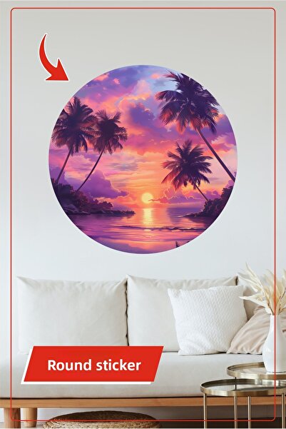 KOSS Dijital Autocolant rotund cu apus de soare tropical și peisaj cu palmier...