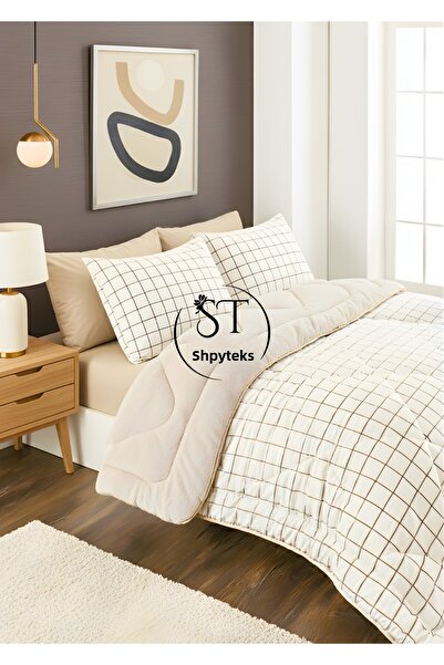 Shopyteks Double Cream Square Welsoft Sleeping Set Double Sided 195X215 - 4 Pillow Cases
