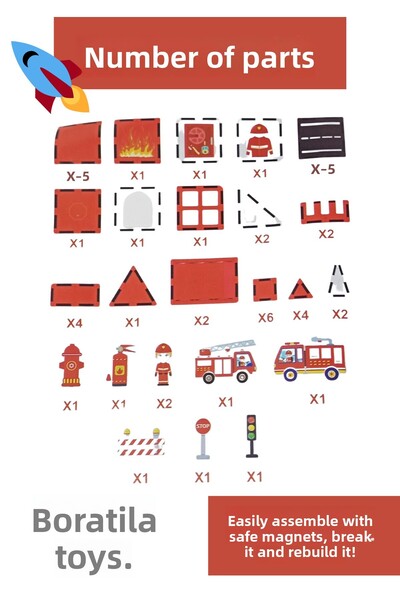 Boratila Toys Magnetic Building Blocks – Colorful 3D 48-Piece Magnetic Block Fire Fighter Playset for Kids