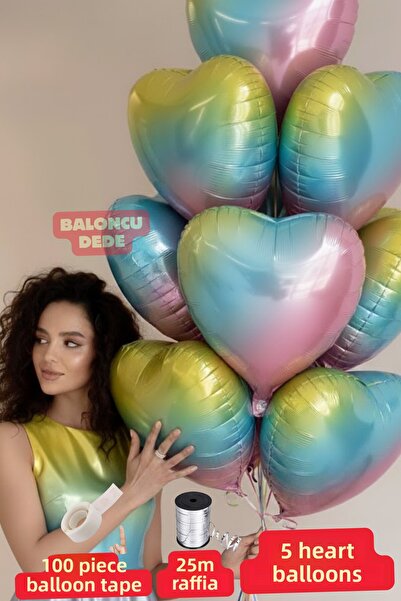 Baloncu Dede Rainbow Heart Foil Balloon 5 Pieces Helium Compatible Balloon Lo...