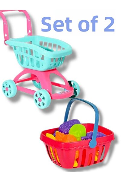 SAZE عربة تسوق وردية + 12 قطعة سلة فواكه زيبزي، عبوة مميزة، مجموعة من 2