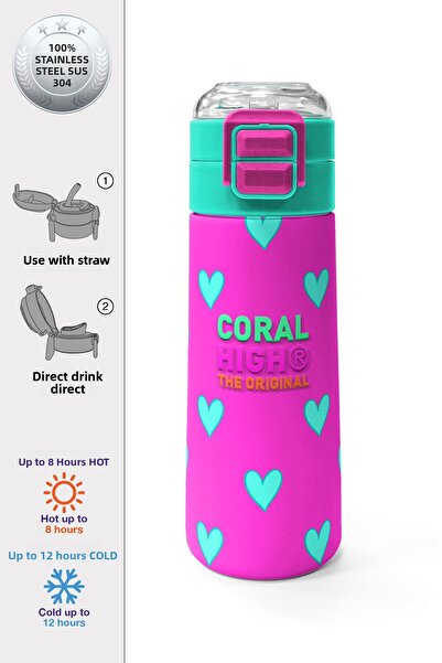 Coral High ترمس ستيل منقوش على شكل قلب أخضر مائي وردي نيون للأطفال مع شفاطة و...