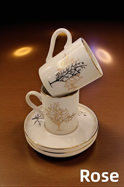 GÜLZE 2 Person (4 Pieces) Real Gold Gilt Tree of Life Model Luxury Porcelain Coffee Cup Set